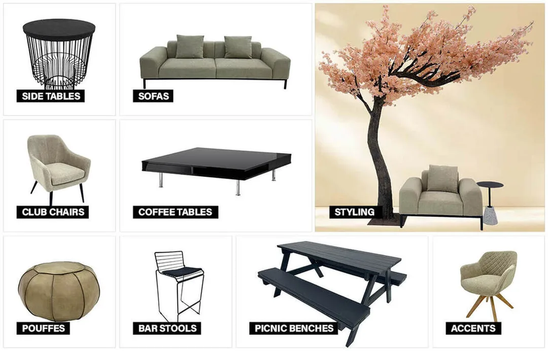 Beige and black furniture collection moodboard featuring coordinated event furniture