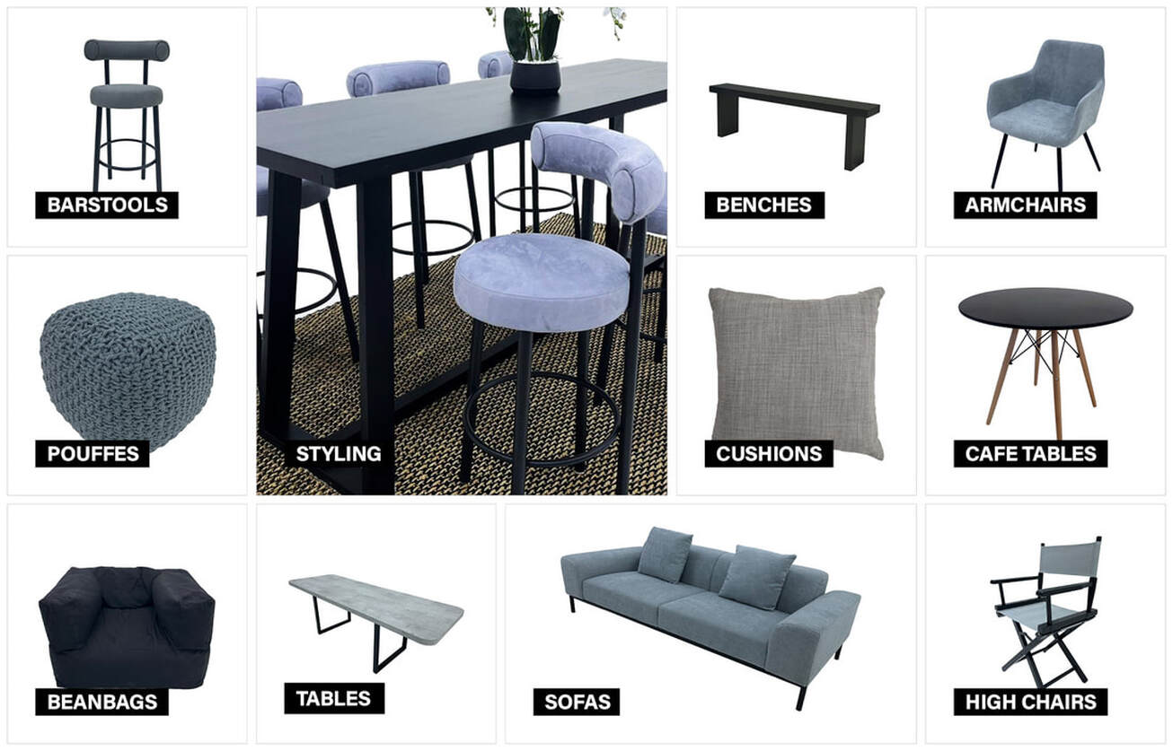 Black and greyfurniture collection moodboard featuring coordinated event furniture