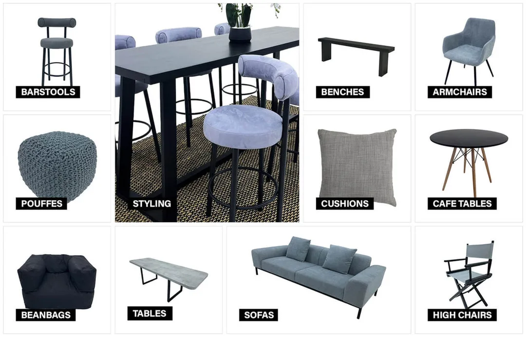 Black and greyfurniture collection moodboard featuring coordinated event furniture