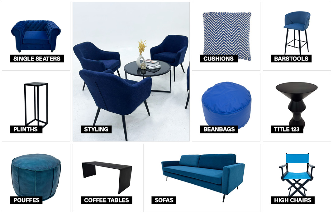 Blue and black furniture collection moodboard featuring coordinated event furniture