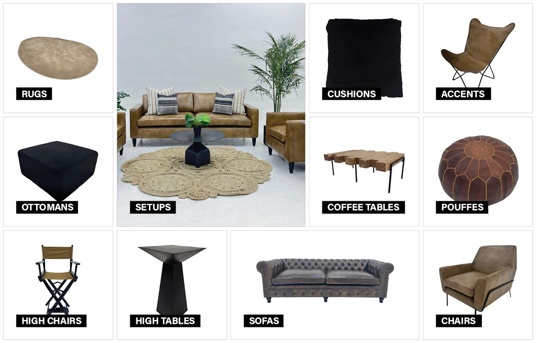 Brown and Black furniture collection moodboard featuring coordinated event furniture