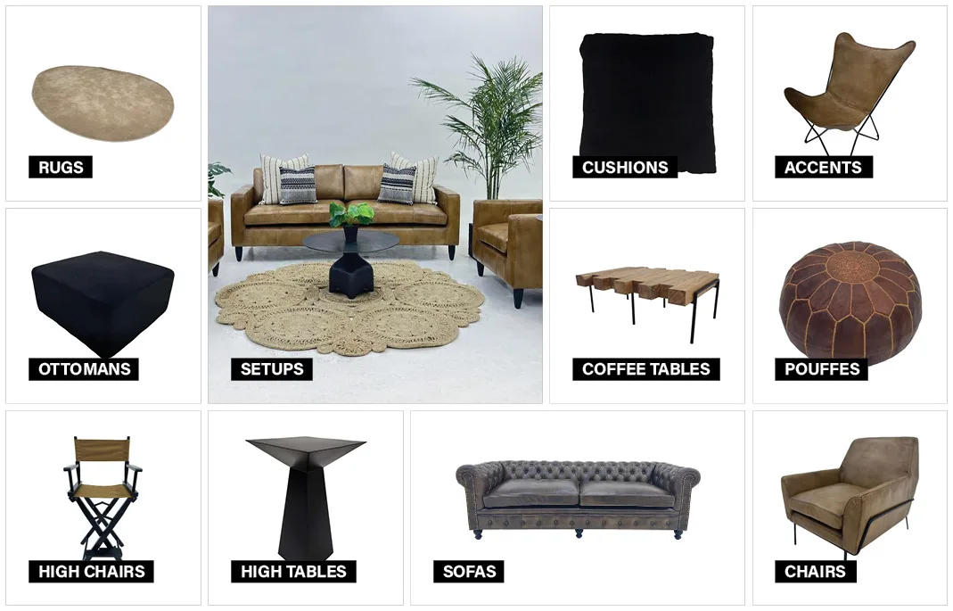 Brown and Black furniture collection moodboard featuring coordinated event furniture