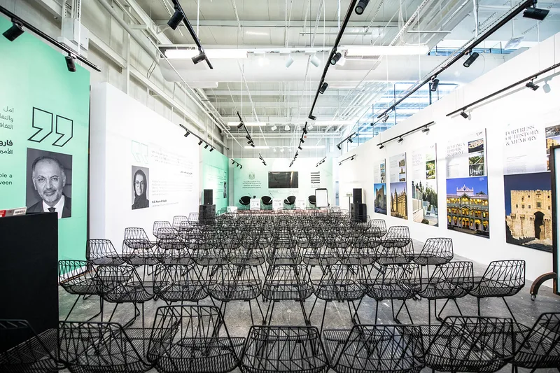 Contemporary hospitality seating creating comfortable visitor lounge spaces during Al Burda Festival in Abu Dhabi.