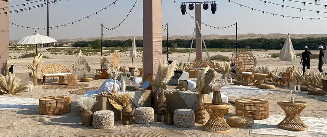 Premium lounge furniture supplied by Evolution Furniture for a private celebration at Al Wathba Desert, Abu Dhabi.