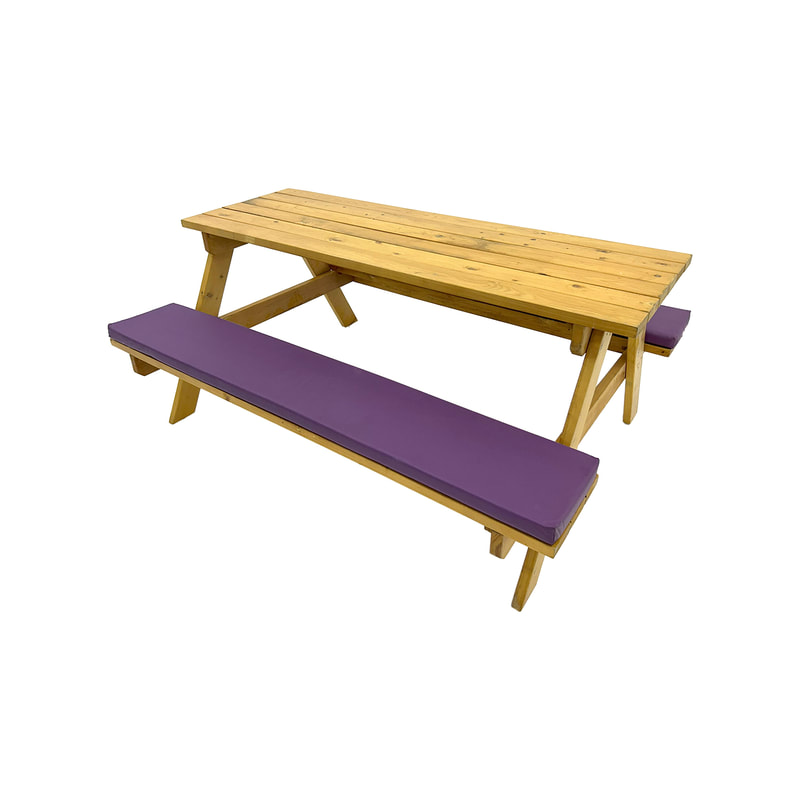 F-BK301-PR Type 1 Picnic bench in light stained wood. Seats 6-8 people with a combination of purple seat pads 