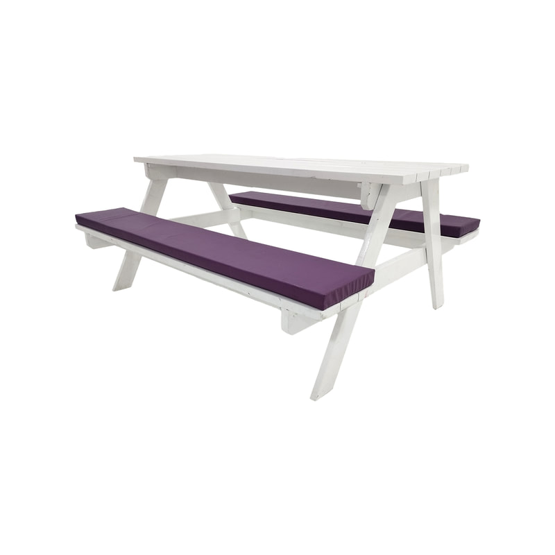 F-BK501-PR Type 1 Picnic bench in White. Seats 6-8 people with a combination of purple seat pads 