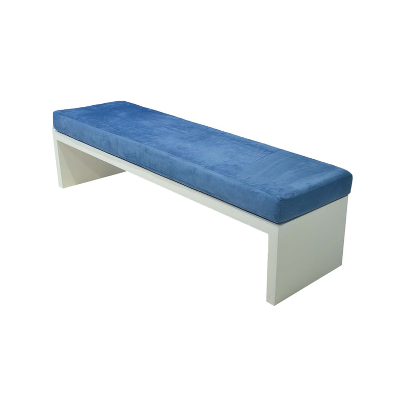F-BN101-PB Milan bench with petrol blue seat pad and base in white paint finish