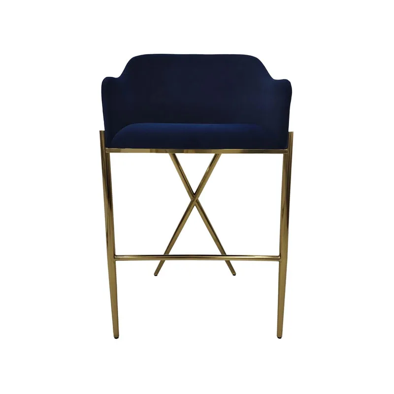 F-BS110-MB Lucia barstool in midnight blue velvet with gold frame