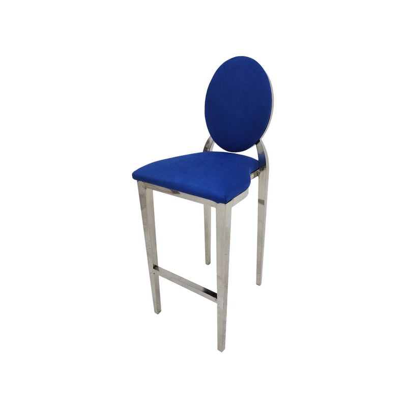 F-BS132-MB Silver Dior barstool with midnight blue fabric seat covers