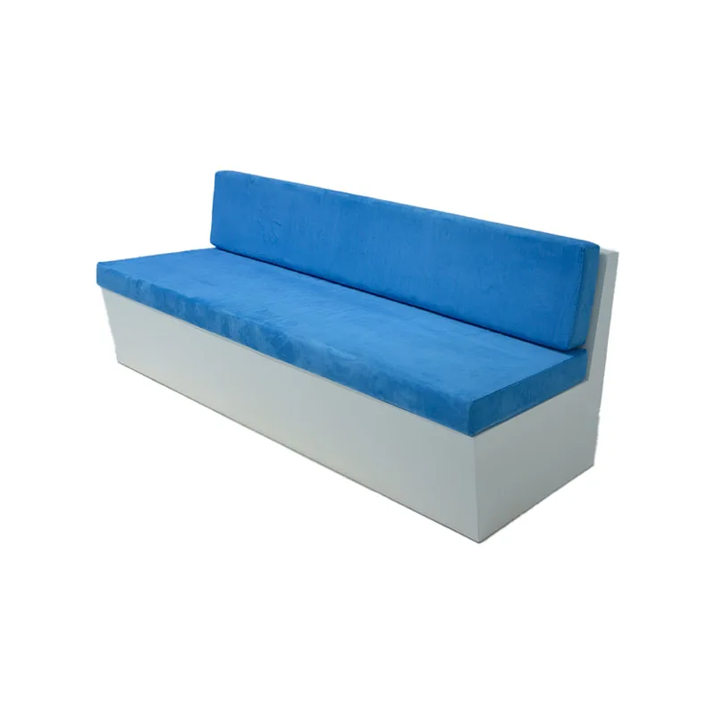 F-SB105-BU three seater Hana bench sofa with white wooden base and blue suede fabric cushions