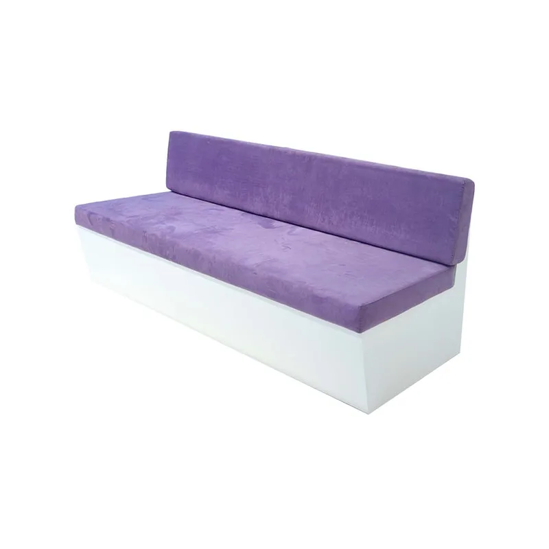 F-SB105-PR three seater Hana bench sofa with white wooden base and purple suede fabric cushions