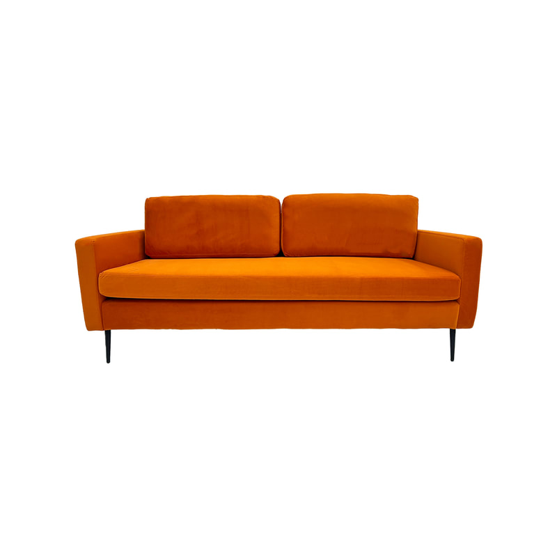 F-SF105-PO Capri three seater sofa in pumpkin orange velvet with black legs