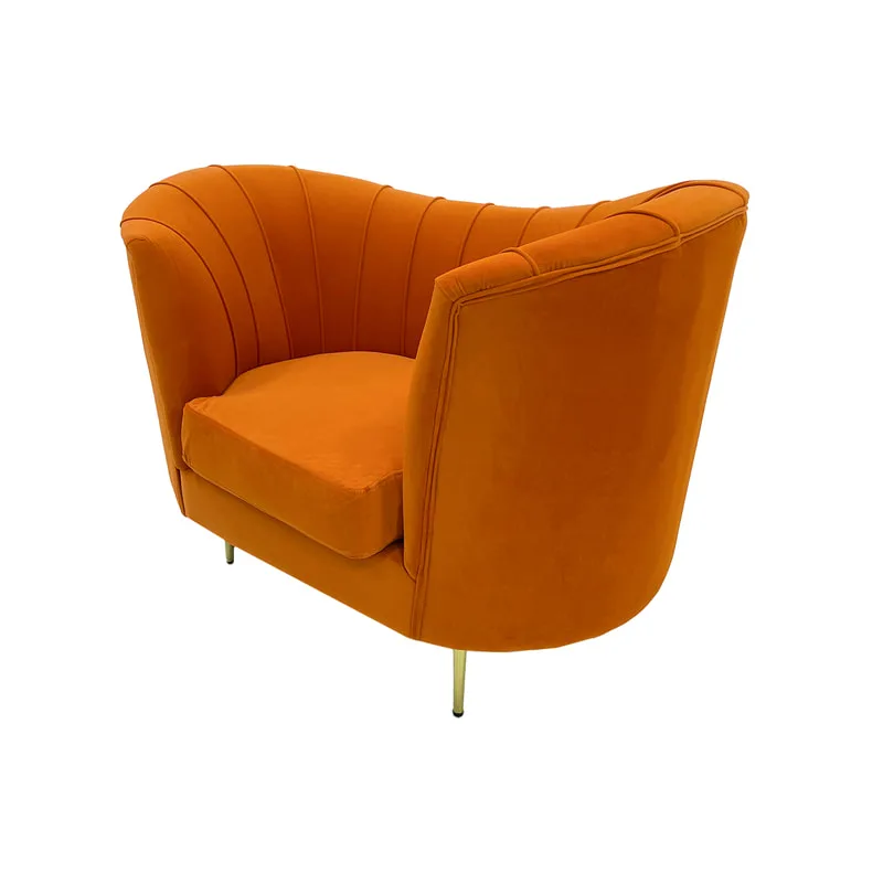 F-SN104-PO Monroe single seater sofa in pumpkin orange velvet with gold legs