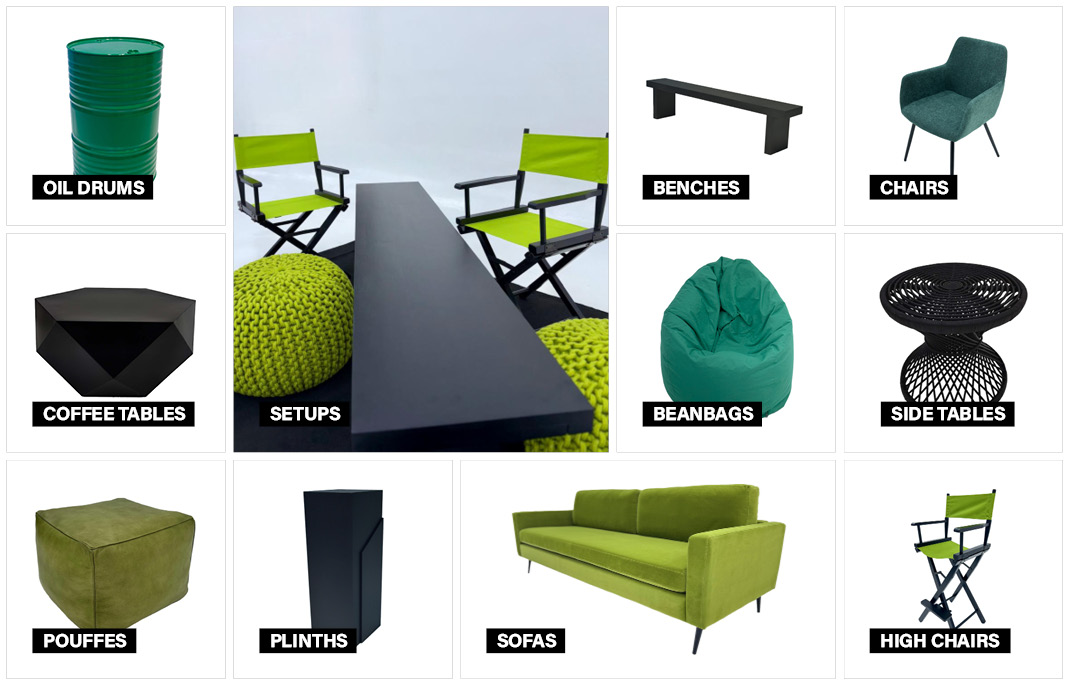 Green and black furniture collection moodboard featuring coordinated event furniture