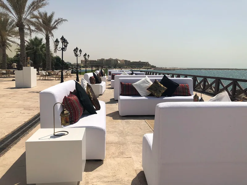 Outdoor Ramadan lounge with elegant furniture.