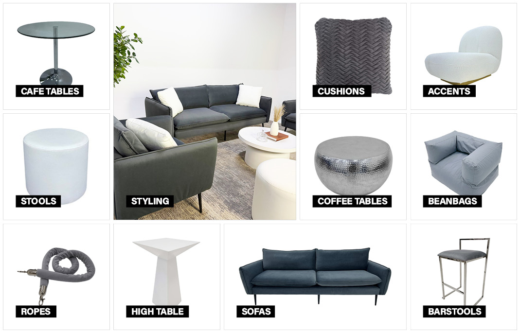 white and grey furniture collection moodboard featuring coordinated event furniture by Evolution Furniture UAE and saudi arabia