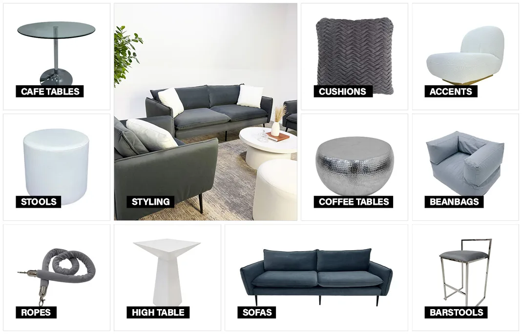 white and grey furniture collection moodboard featuring coordinated event furniture by Evolution Furniture UAE and saudi arabia